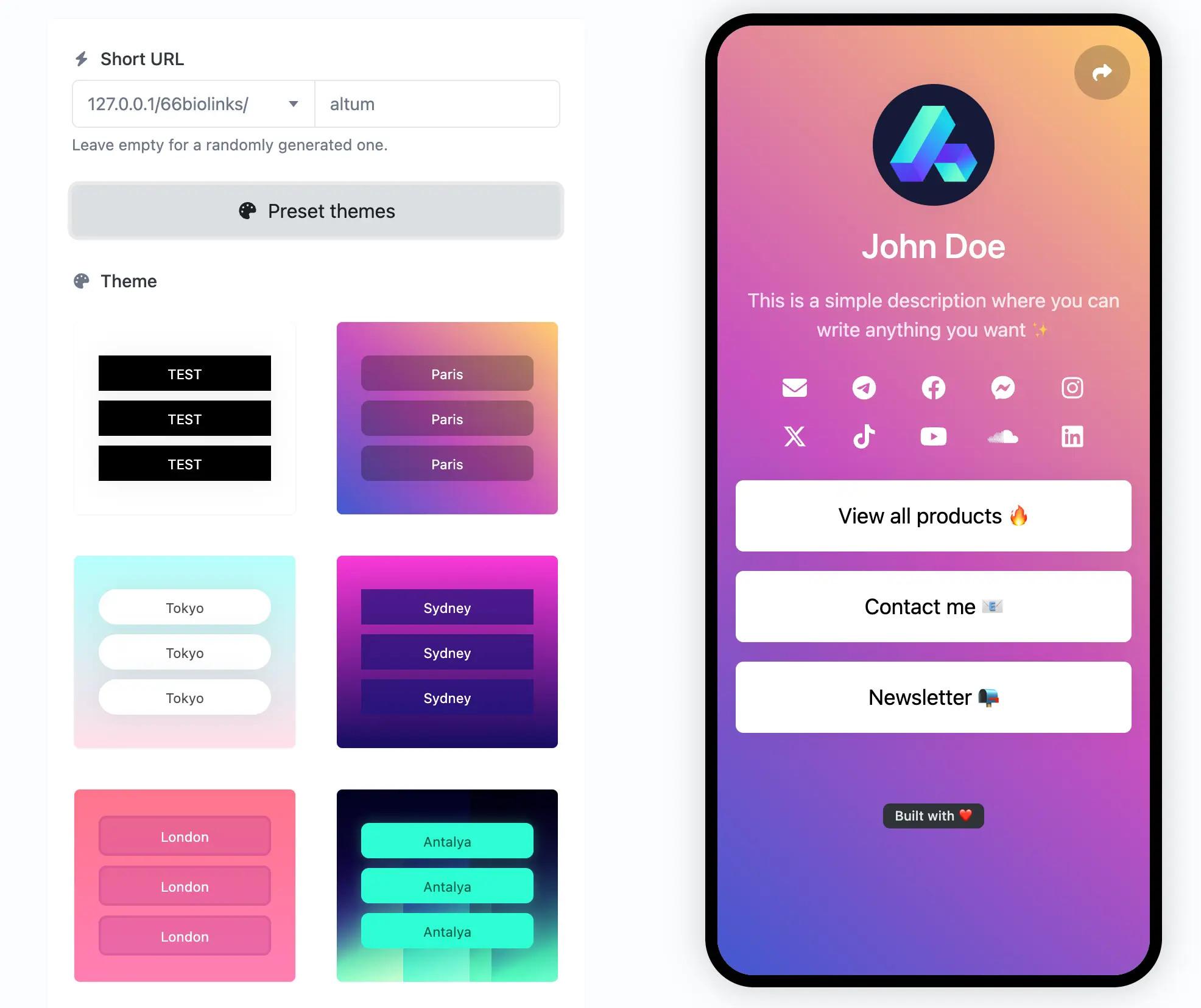 Captura de tela da página de edição de biolink do aplicativo